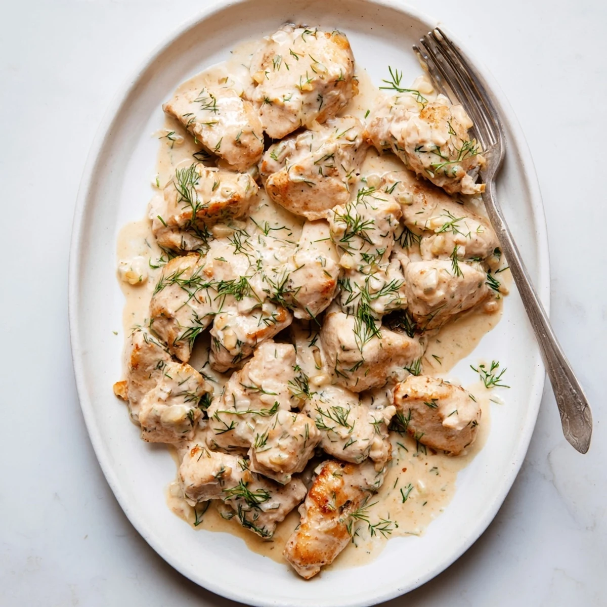 Golden chicken breasts resting in a rich white dill cream sauce with fresh herbs
