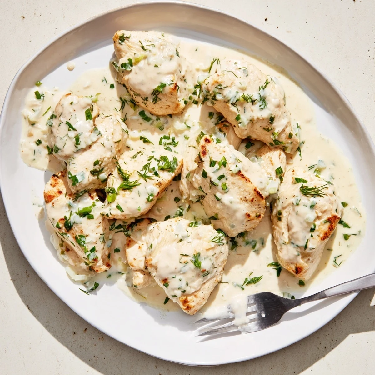 Creamy dill chicken skillet showing golden seared chicken swimming in thick white sauce