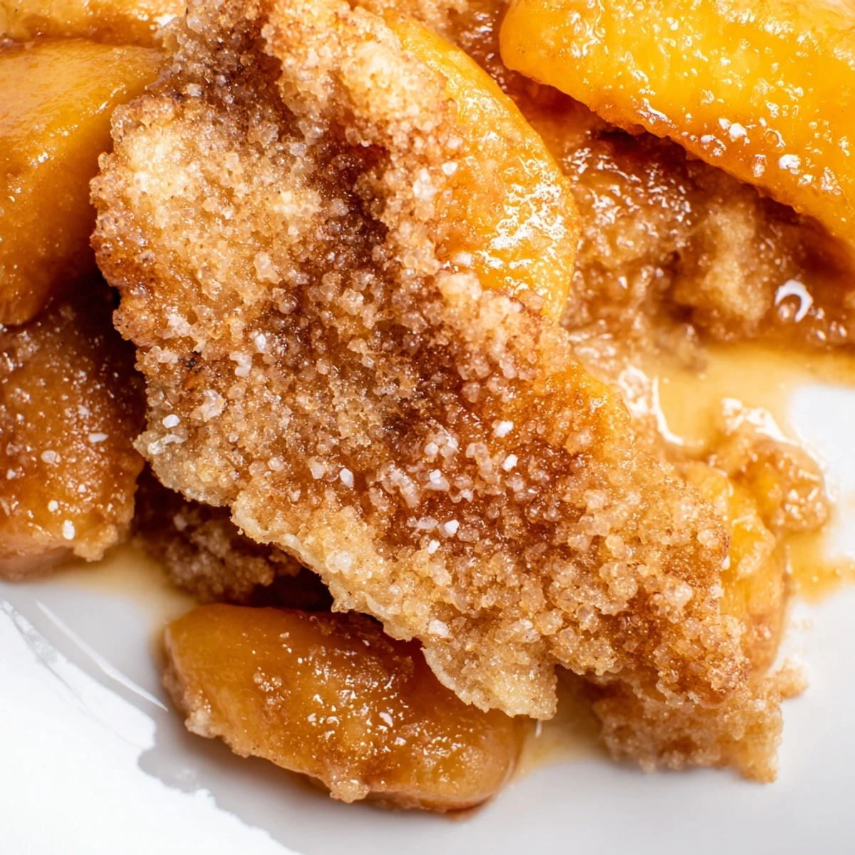 Golden classic peach cobbler with flaky crust bubbling with sweet spiced fruit filling