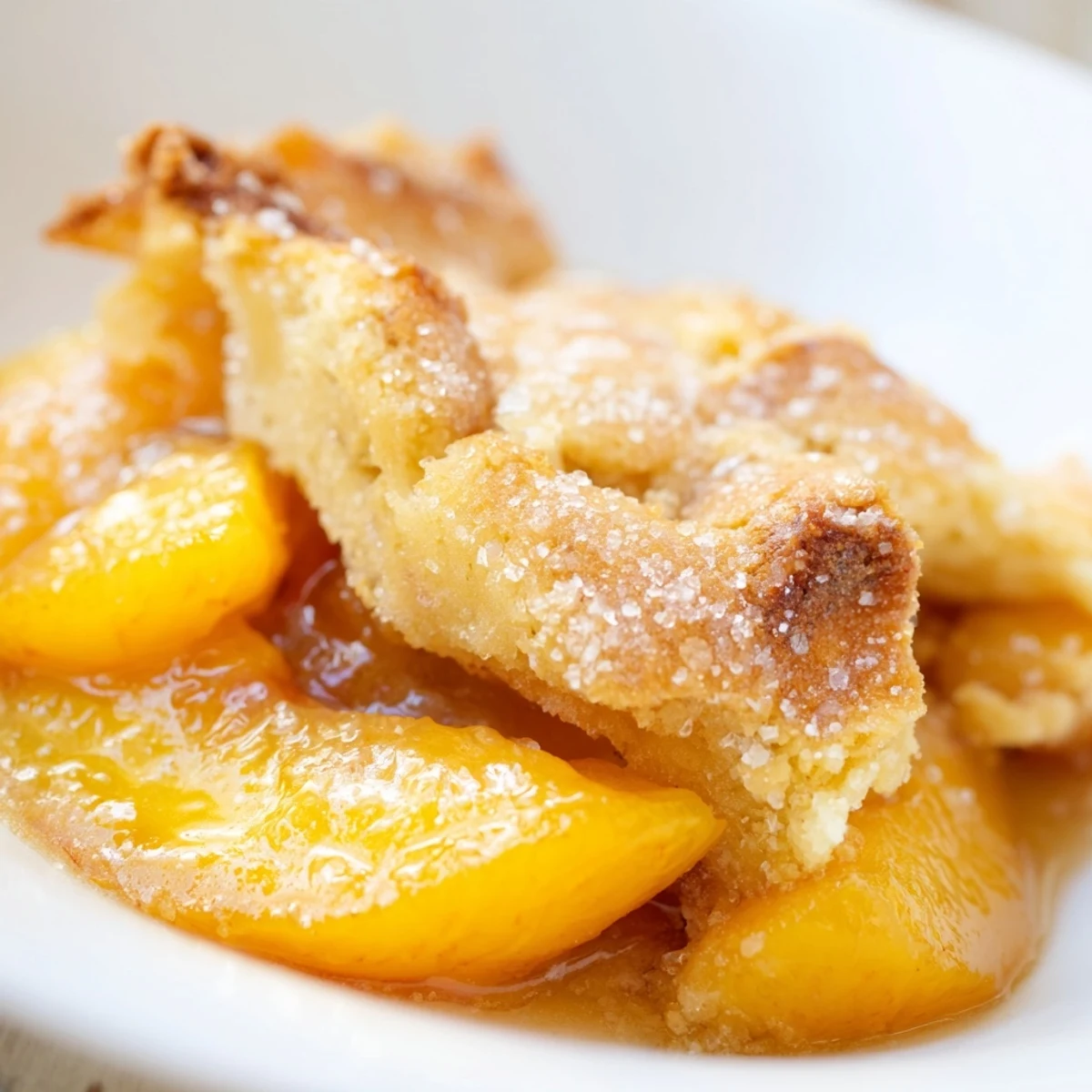 Warm classic peach cobbler fresh from the oven with steam rising through flaky crust