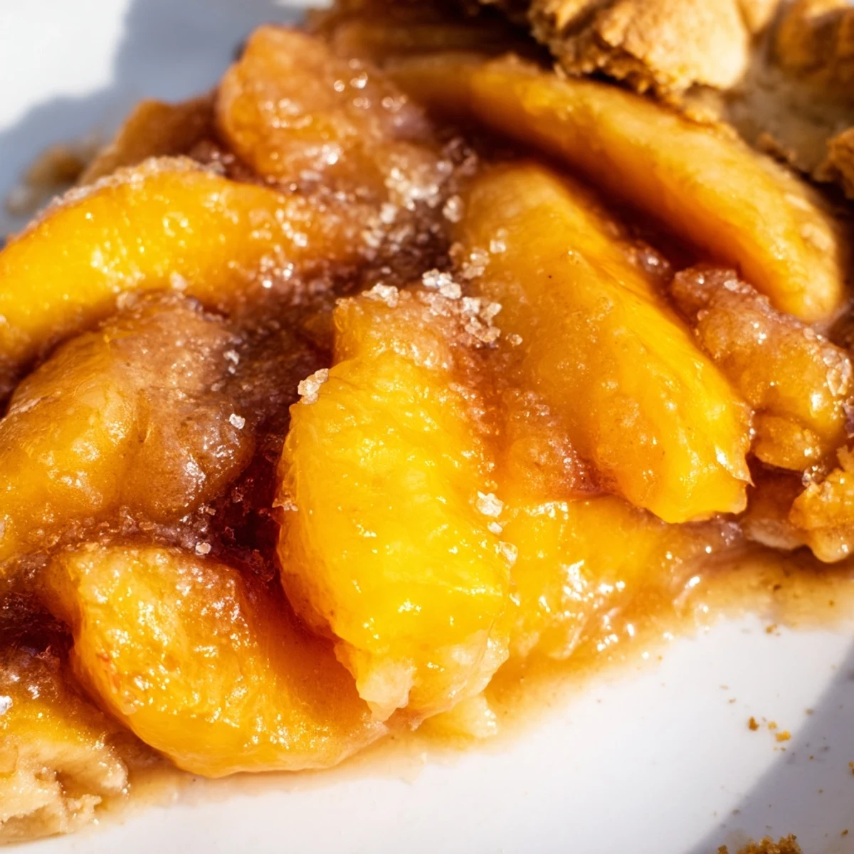 Baked classic peach cobbler featuring tender slices beneath a buttery golden pastry topping