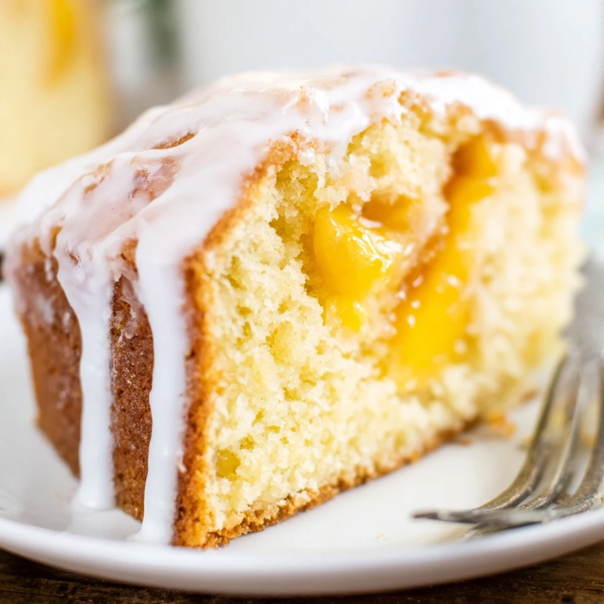Golden peach cobbler pound cake drizzled with vanilla glaze on a serving plate