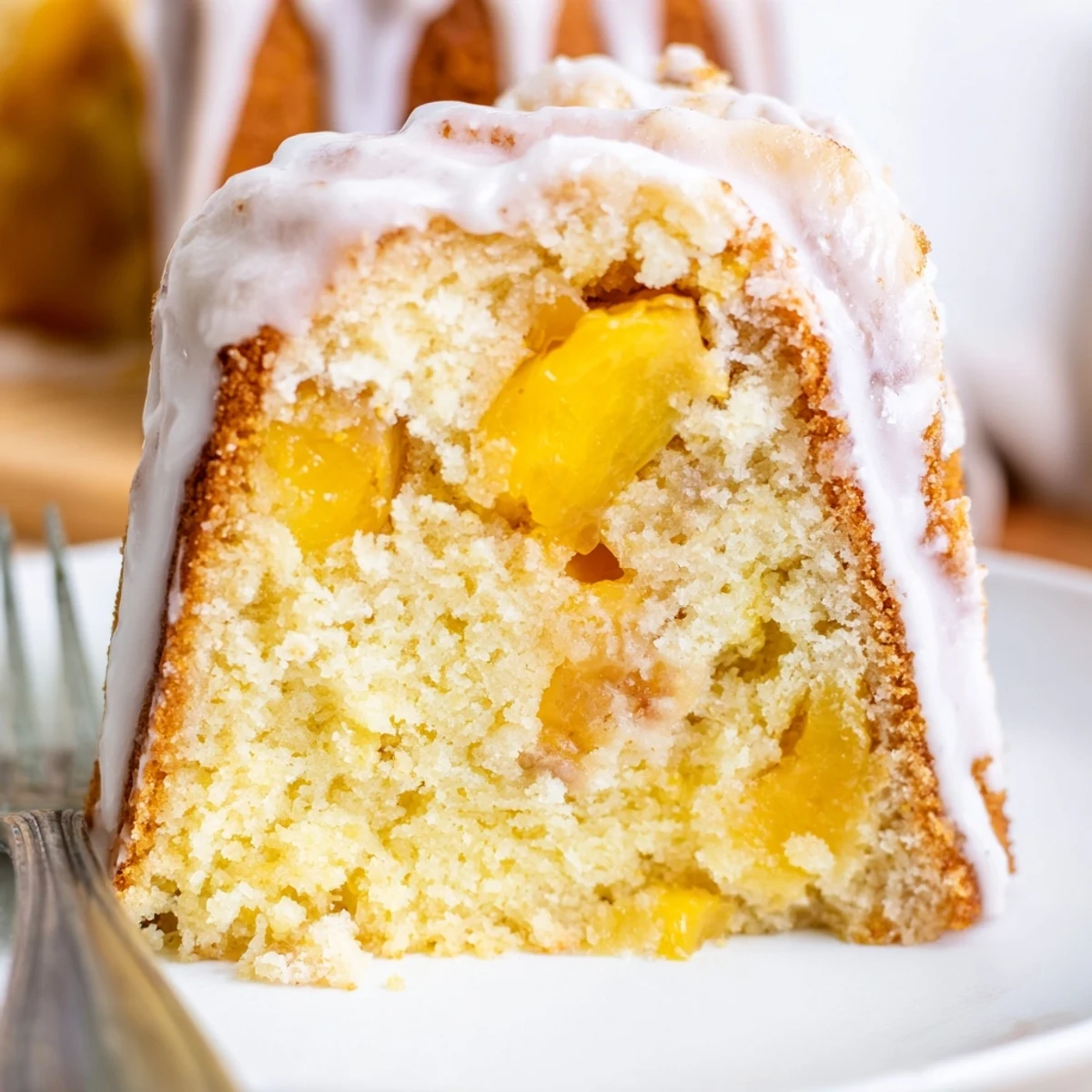 Moist buttery pound cake studded with juicy spiced peaches and topped with sweet icing