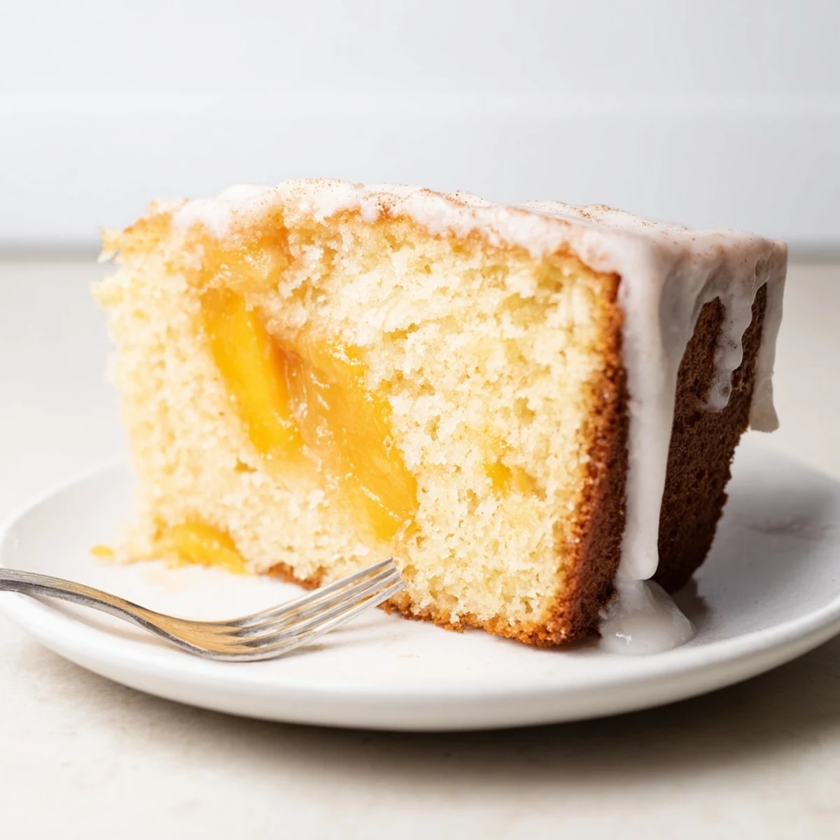 Slice of peach cobbler pound cake showing tender peach layers and vanilla glaze dripping