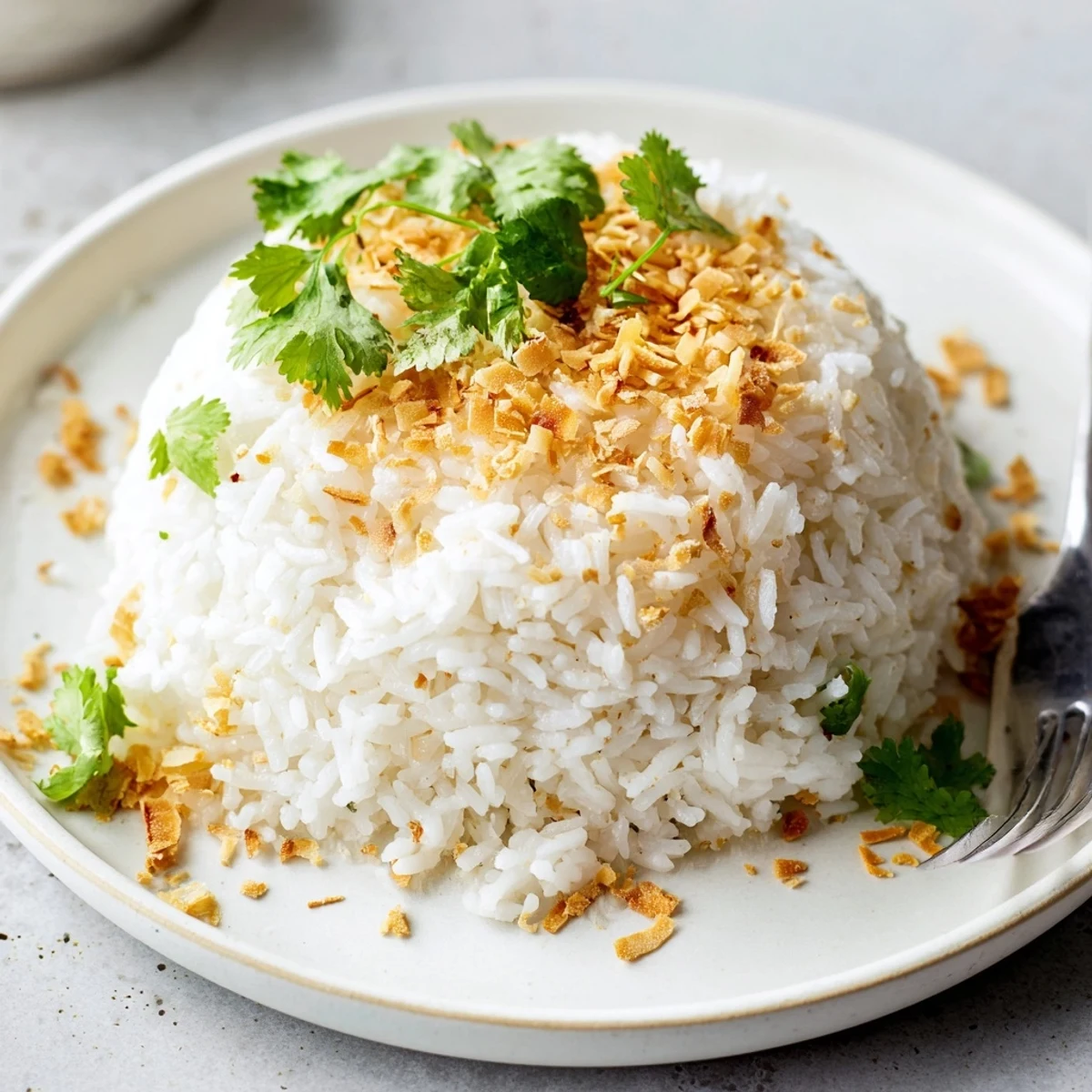Fork lifting fragrant fluffy coconut rice from serving bowl garnished with green scallions