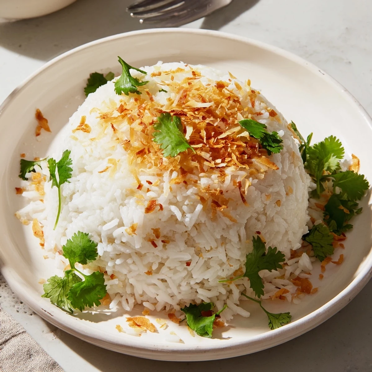 Steaming plate of creamy coconut rice served alongside grilled chicken and tropical vegetables