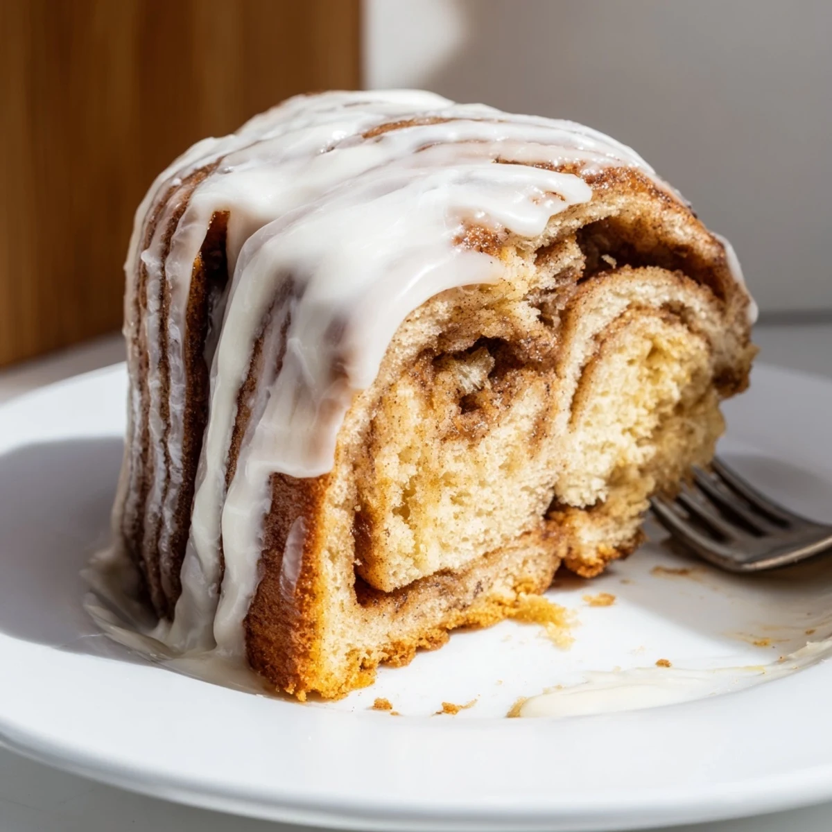 Warm cinnamon roll cake slice showing cinnamon swirls beneath powdered sugar icing glaze