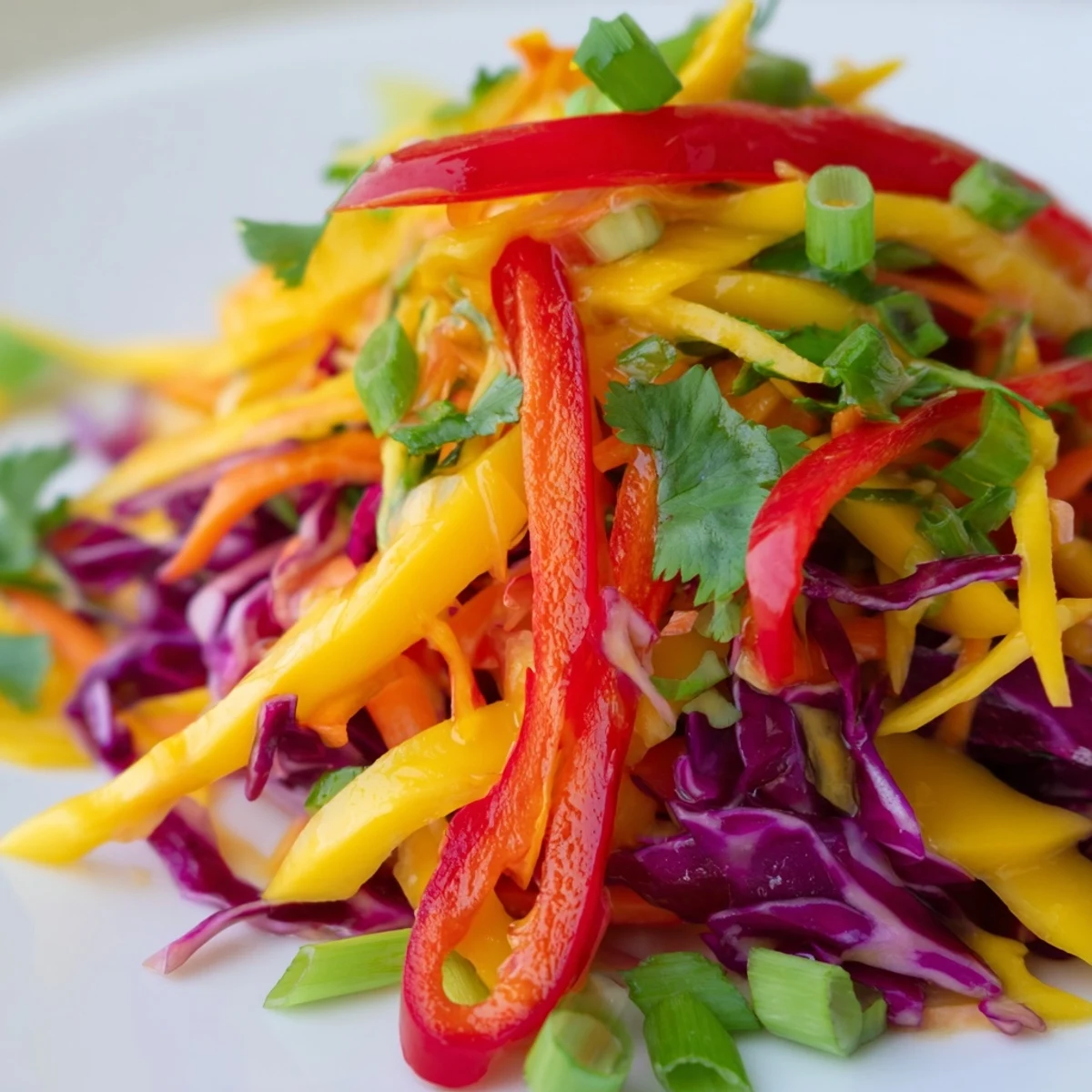 Colorful mango slaw with crisp red cabbage and carrots in a lime dressing bowl