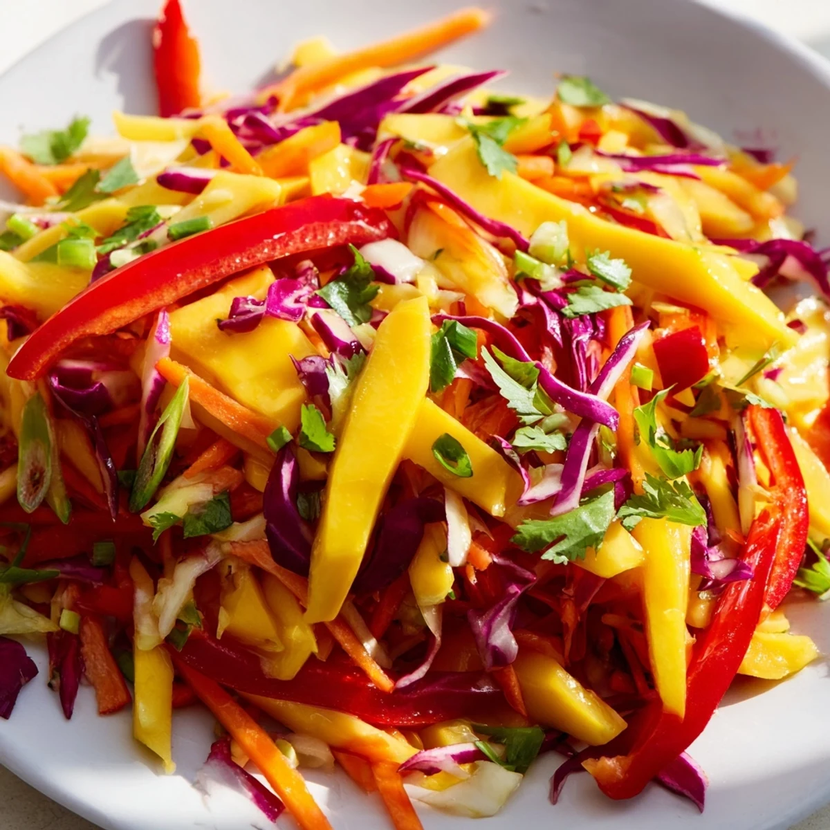 Fresh mango slaw topped with crunchy cashews and vibrant cilantro on white plate
