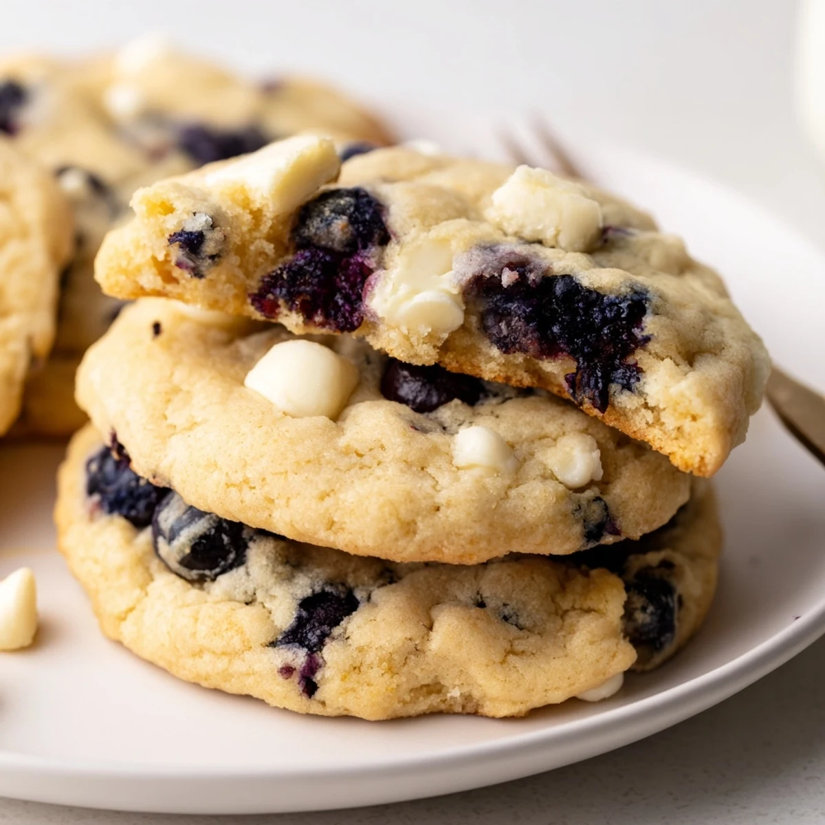 Golden chewy lemon blueberry cookies on a cooling rack, bursting with juicy purple berries