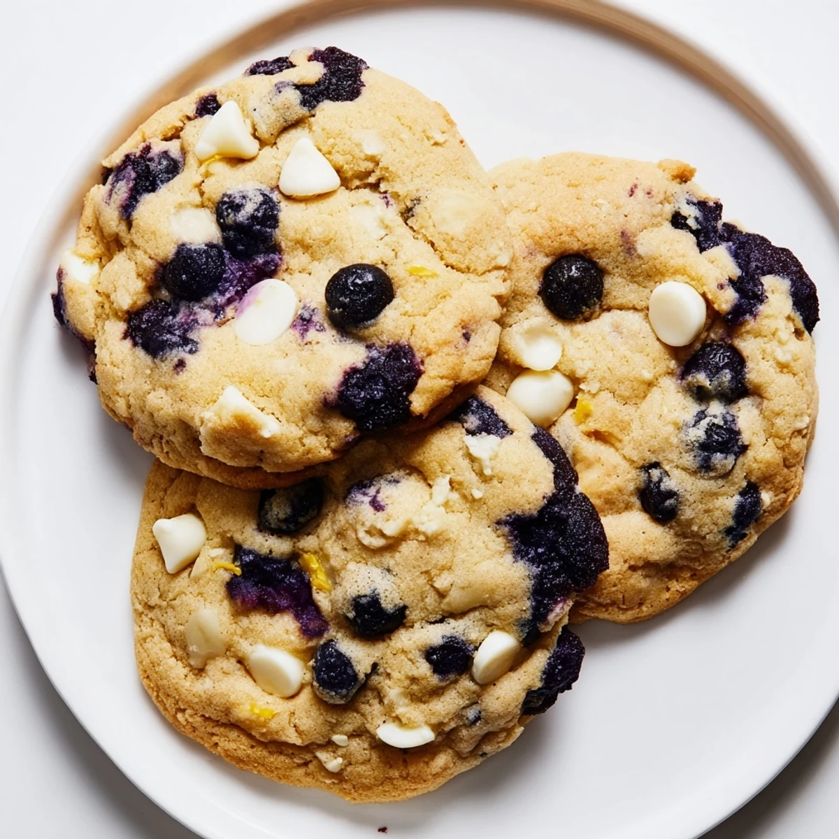 Plate of bright lemon blueberry cookies with golden edges and moist, tender centers