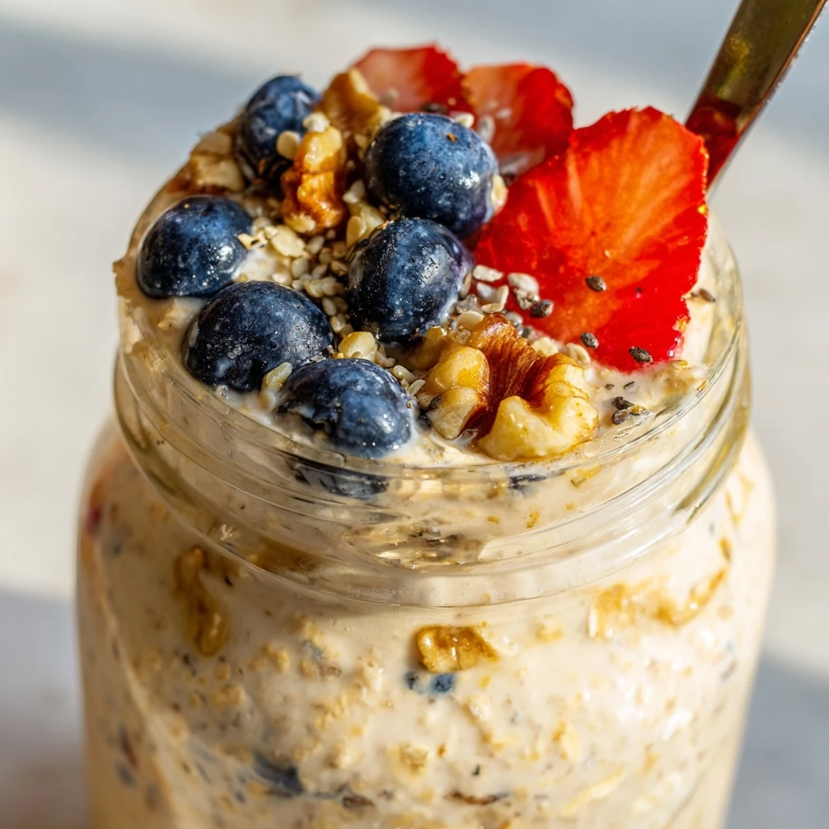 Glass jar filled with creamy brown sugar overnight oats topped with fresh berries