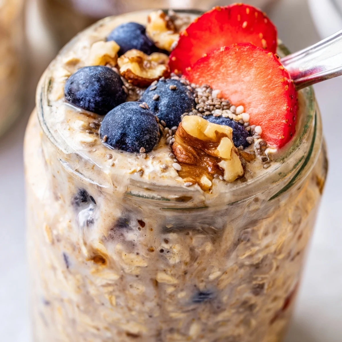 Close up of brown sugar overnight oats with chia seeds and layered textures