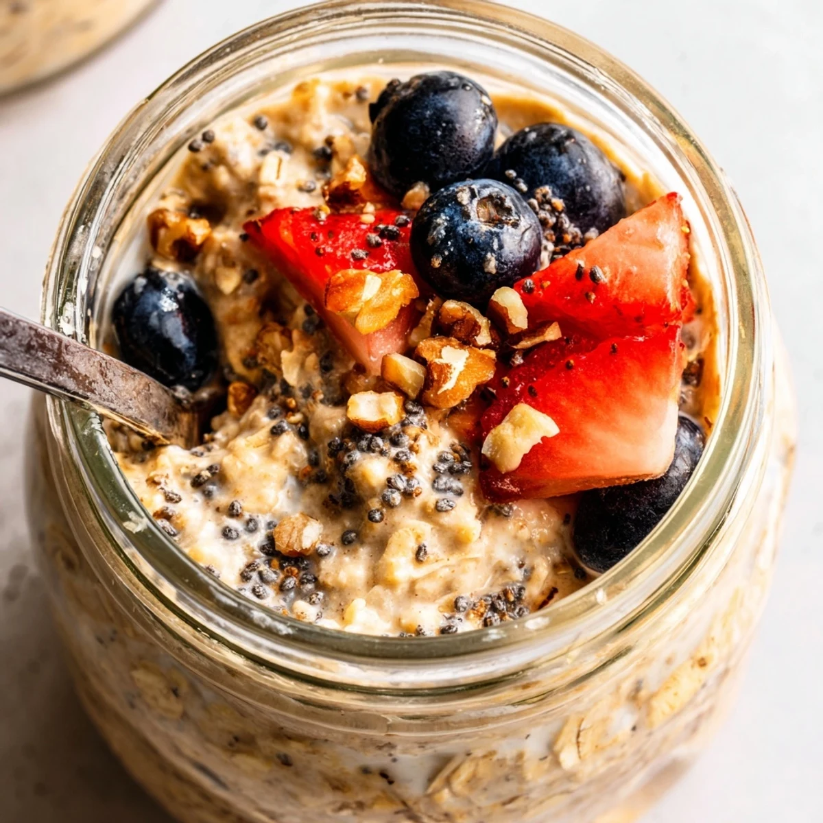 Creamy brown sugar overnight oats in a bowl with banana slices and nuts