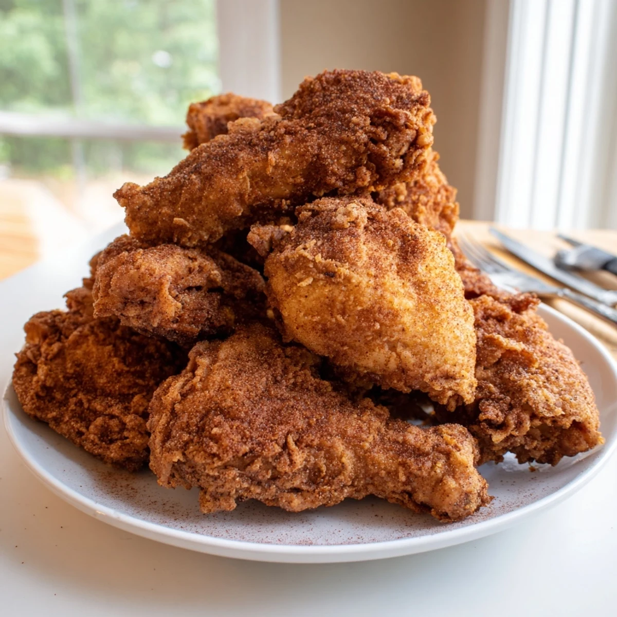 Golden brown crispy Southern fried chicken with crunchy seasoned coating on a white platter