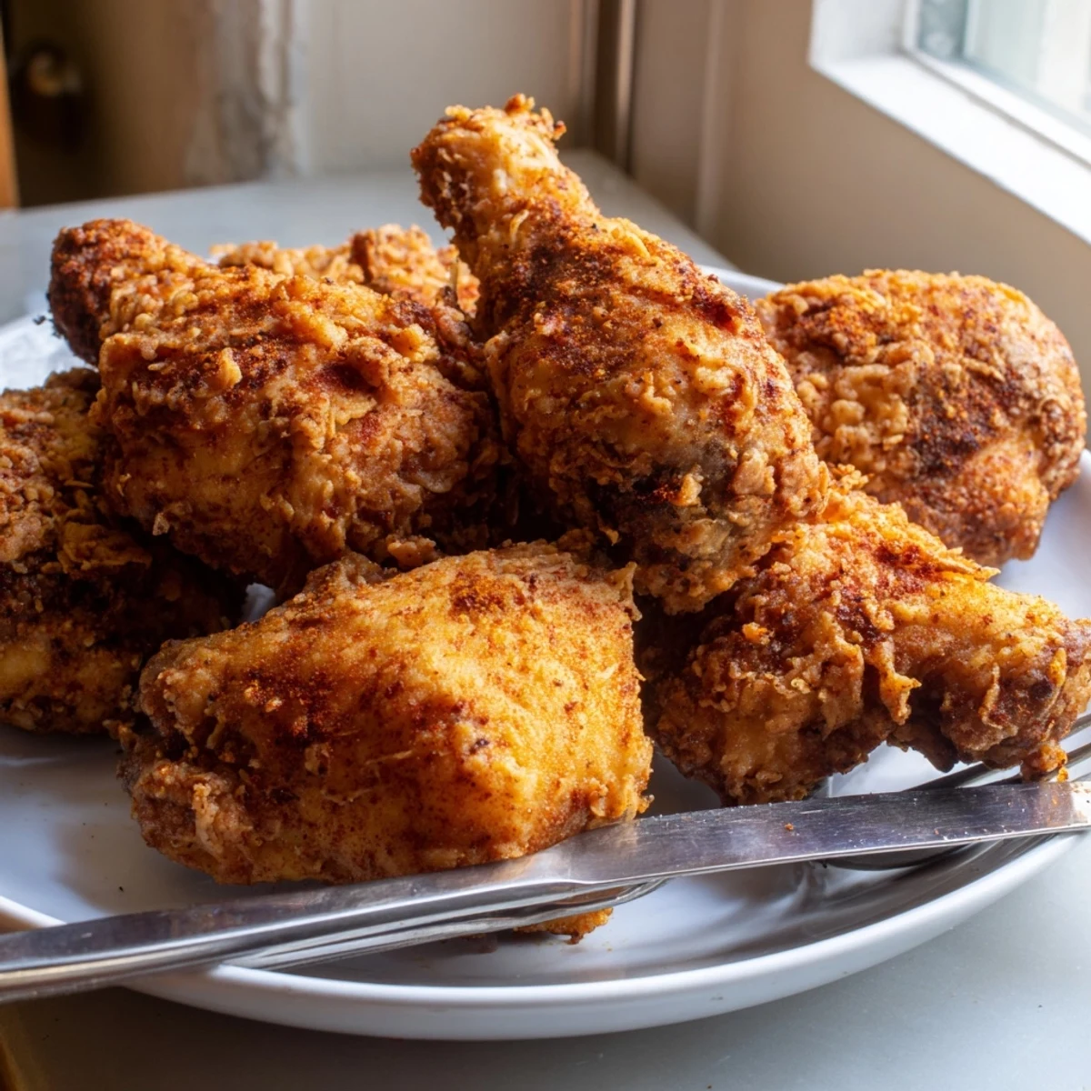 Juicy buttermilk fried chicken pieces arranged on serving board with herbs and lemon wedges