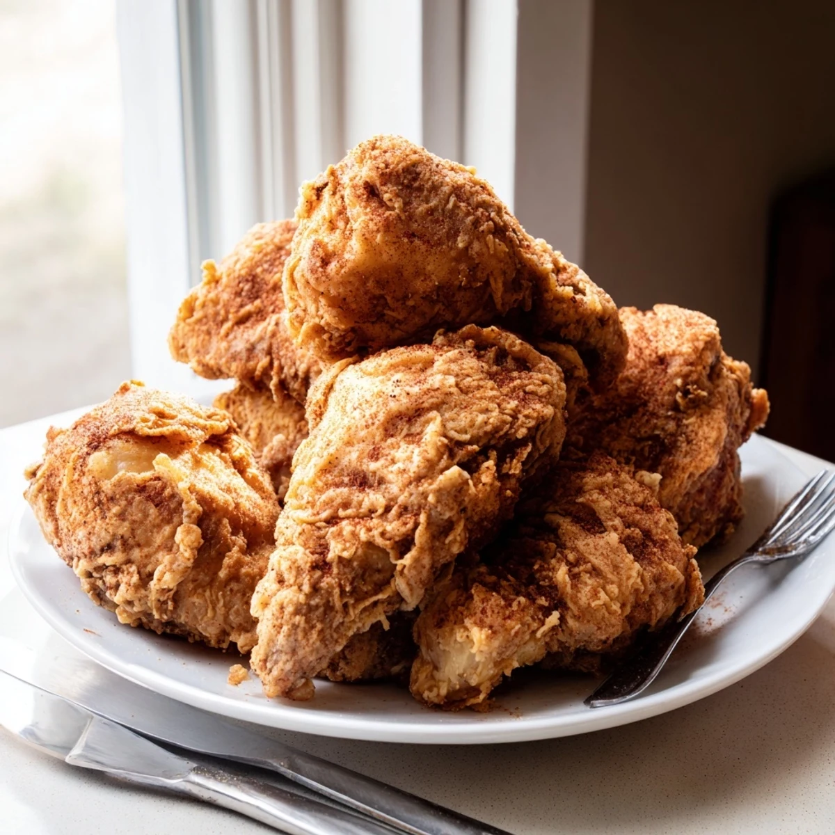 Homemade Southern fried chicken displaying perfectly crisp golden crust and tender juicy meat inside