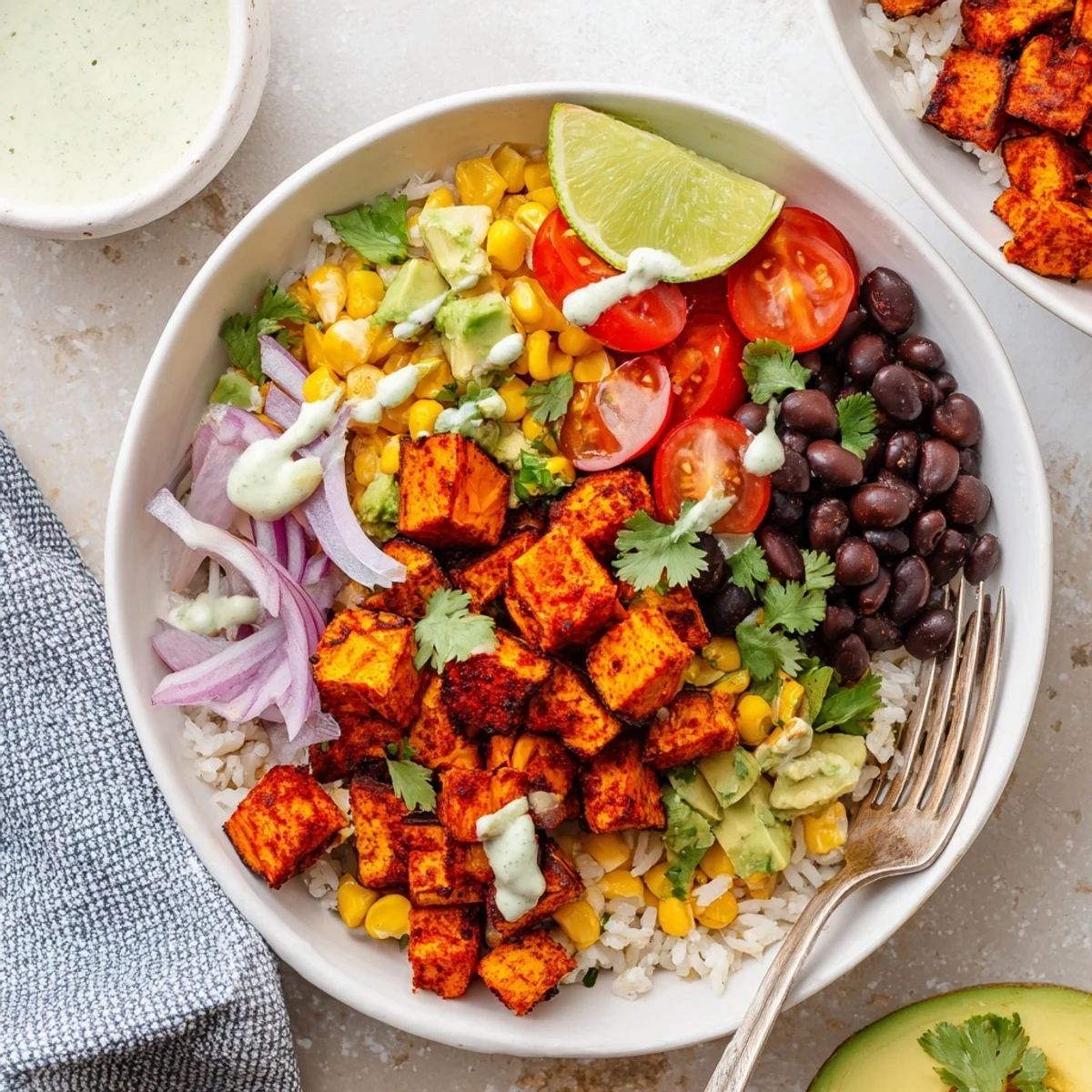 Colorful vegan sweet potato burrito bowl with roasted potatoes, black beans, and avocado slices