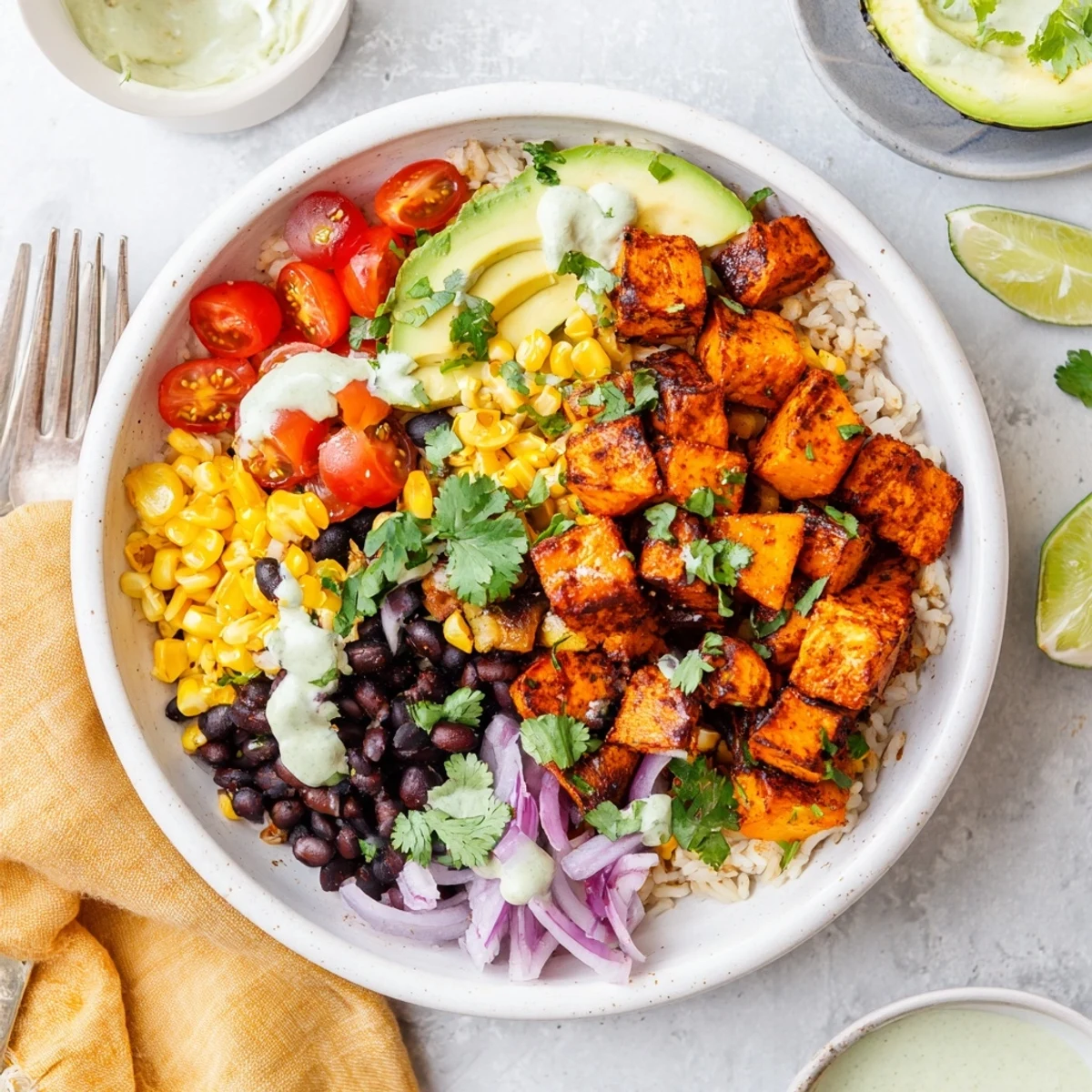 Healthy vegan sweet potato burrito bowl topped with fresh cilantro, corn, and creamy avocado