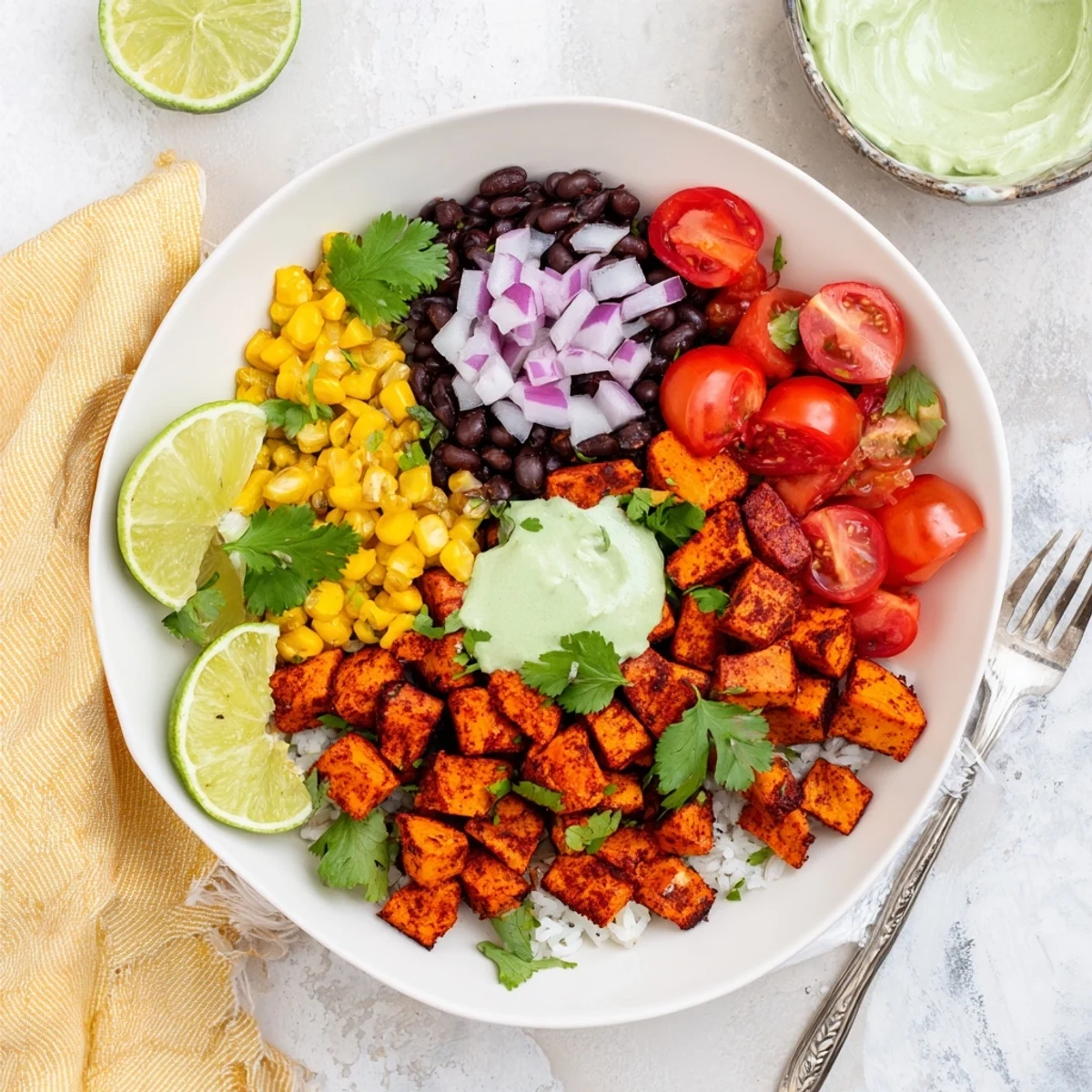 Hearty vegan sweet potato burrito bowl served in a white ceramic dish with lime wedges