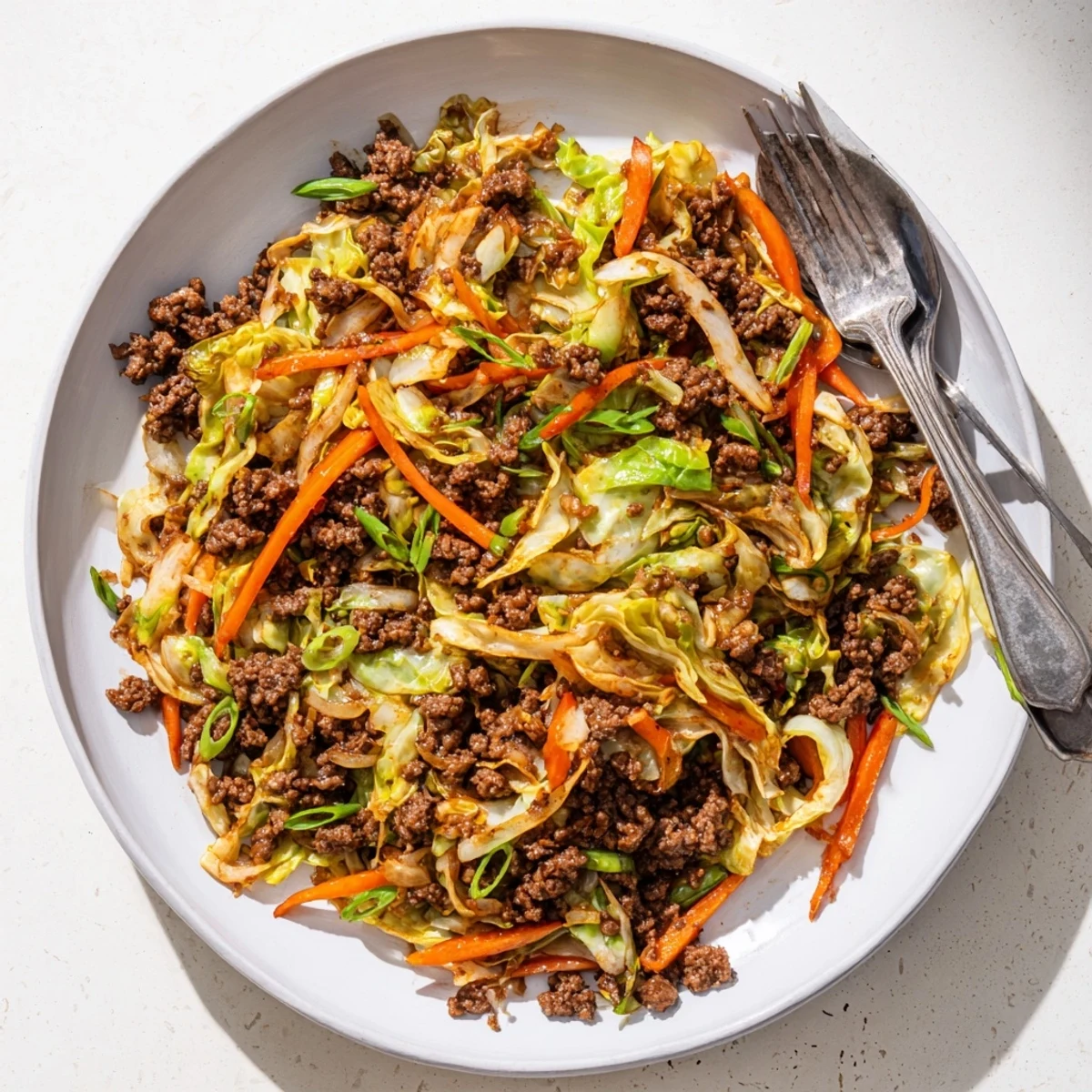 Golden brown ground beef and cabbage stir fry in a hot wok with fresh green onion garnish