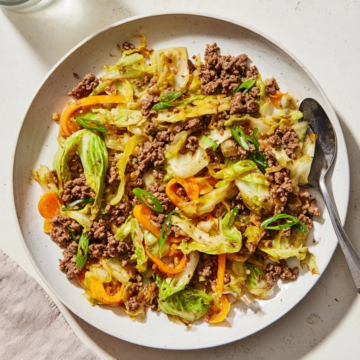 Hearty ground beef and cabbage stir fry featuring shredded carrots and aromatic sesame ginger sauce