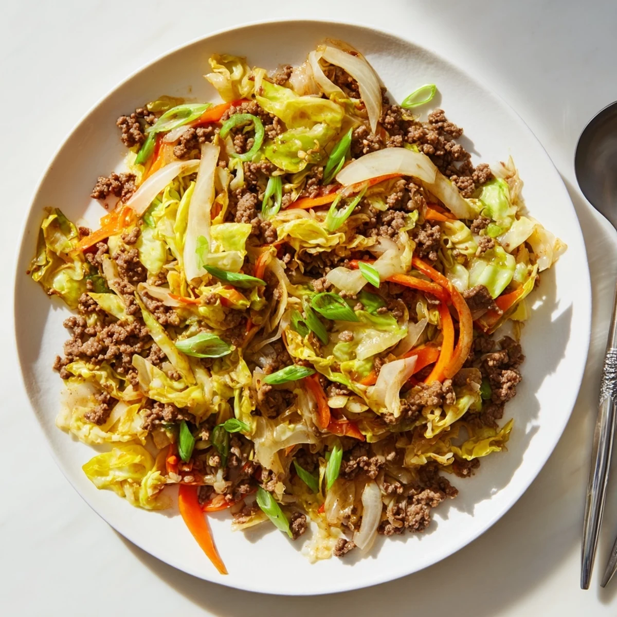 Savory ground beef and cabbage stir fry served steaming hot with crisp tender vegetables