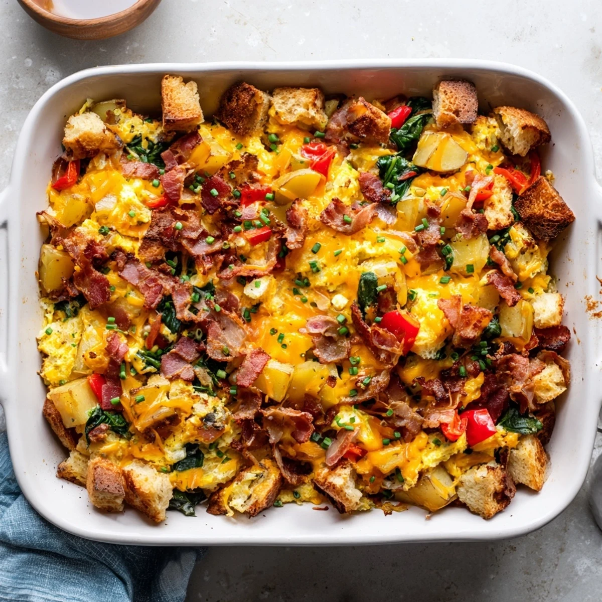 Hearty all-in-one breakfast casserole with eggs, vegetables, and bacon ready for family dinner