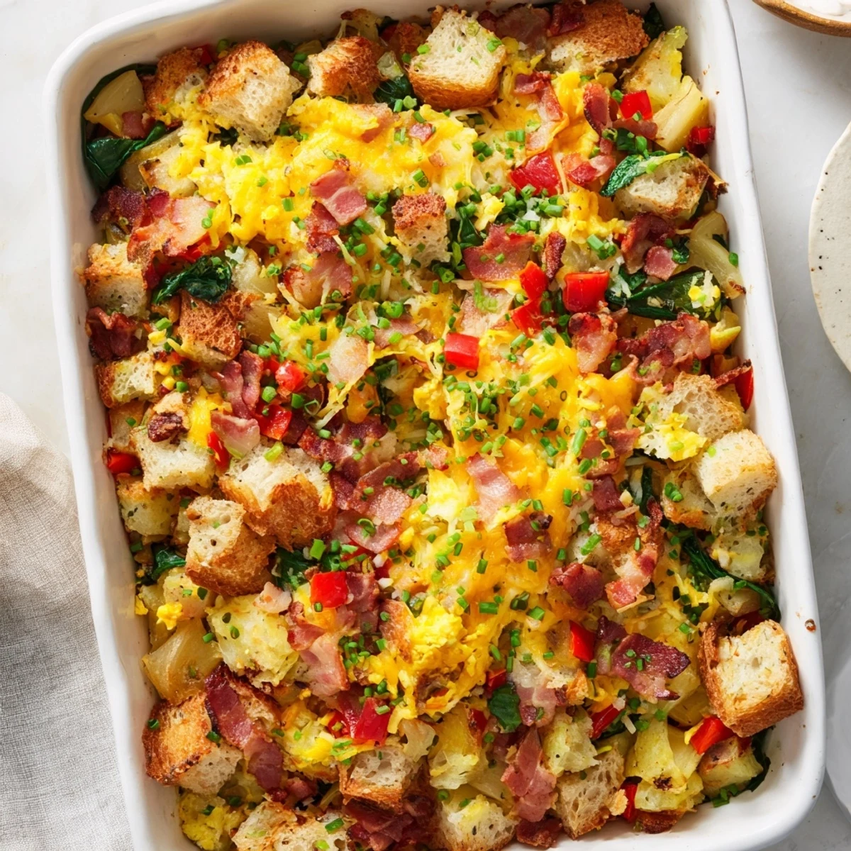Golden bubbly breakfast bake featuring crispy bacon, melted cheddar, and tender potatoes in a casserole dish