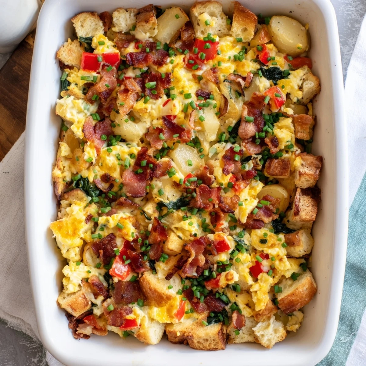Savory baked egg and potato breakfast dish topped with golden cheese and fresh chives