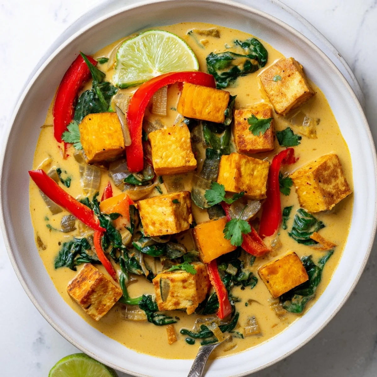 Creamy vegetarian pumpkin tofu curry served in white bowl with golden tofu cubes and vibrant red pepper slices