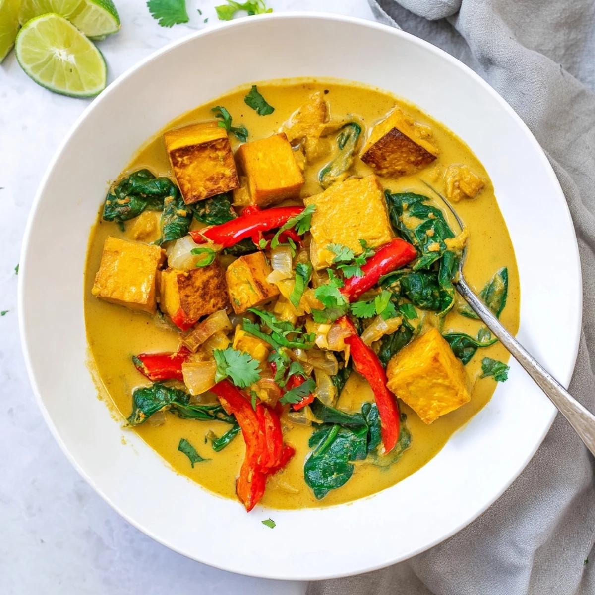 Steaming bowl of vegetarian pumpkin tofu curry garnished with fresh cilantro and lime wedges beside fluffy basmati rice