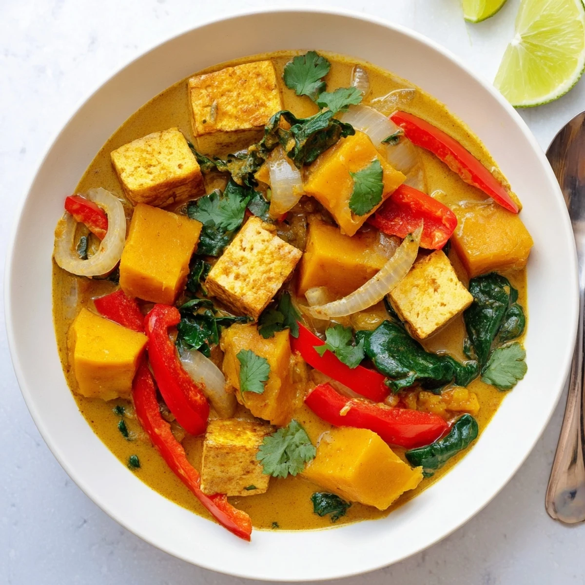 Rich orange vegetarian pumpkin tofu curry featuring tender pumpkin chunks and crispy golden tofu in coconut milk sauce