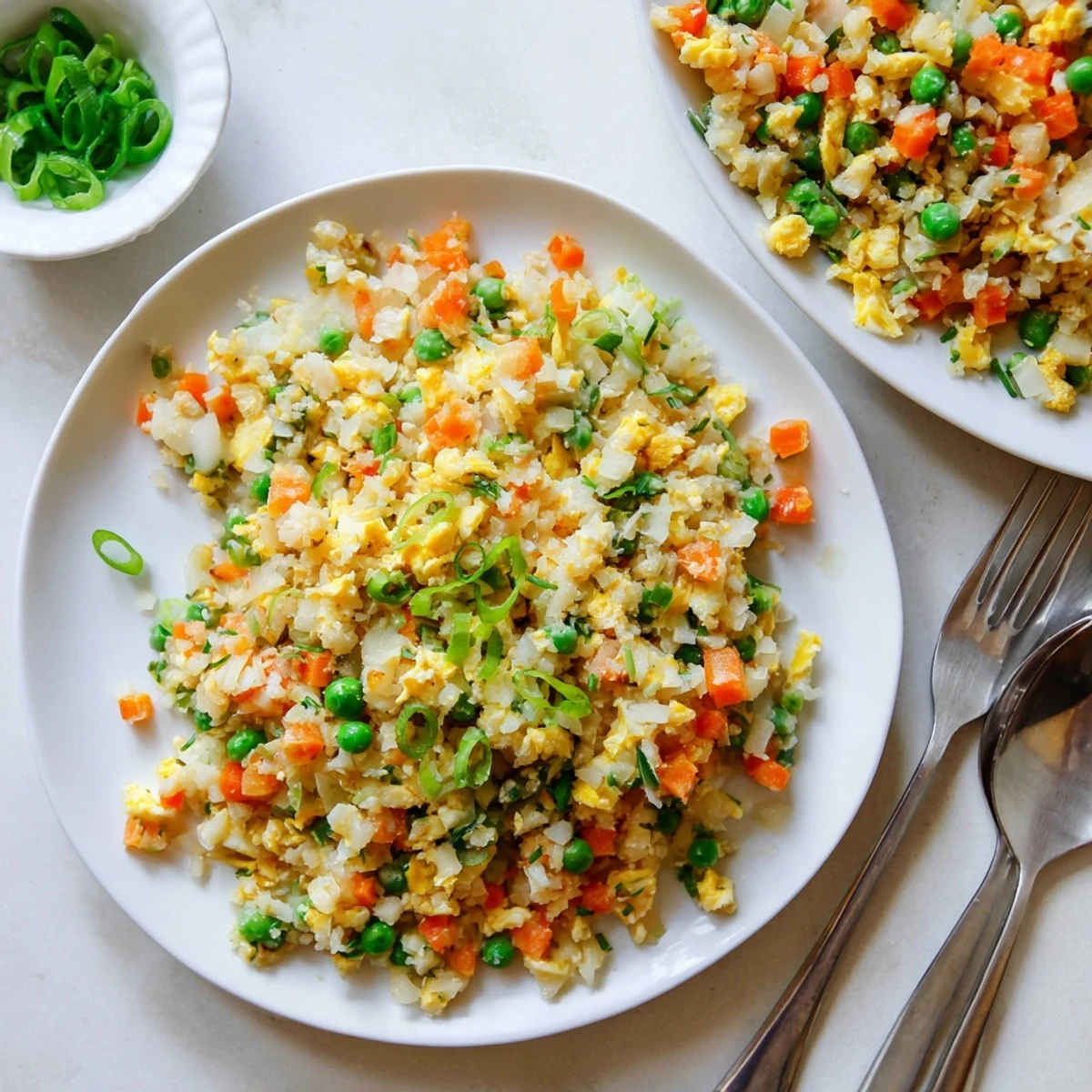 Low carb cauliflower fried rice stir-fried with vegetables and garnished with fresh green onions