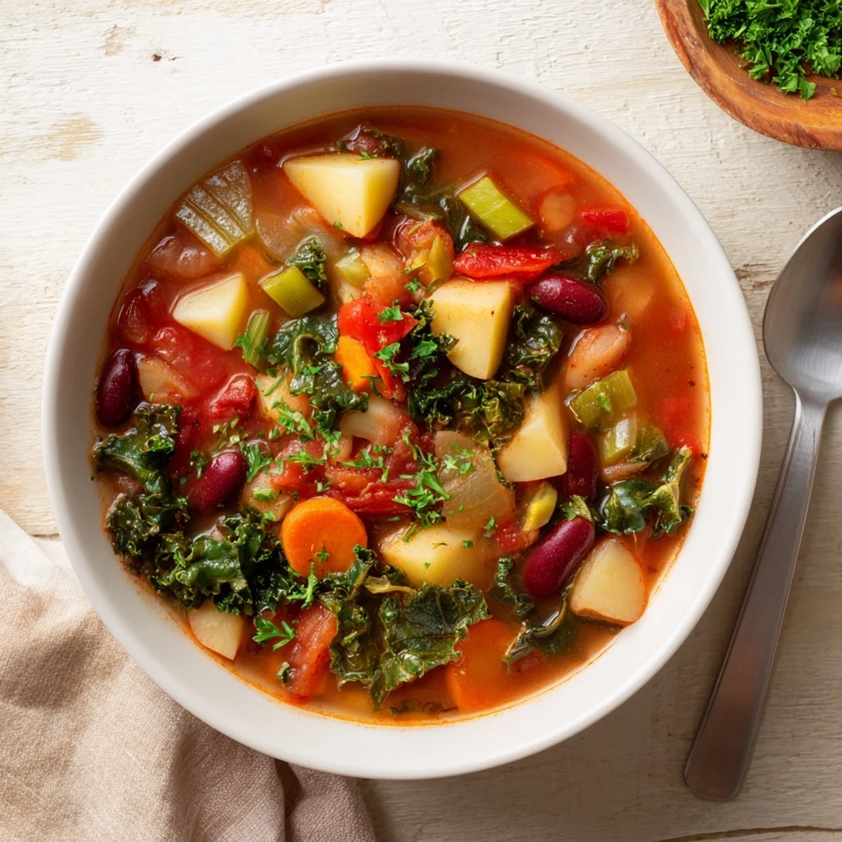 Rustic hearty vegetable and bean soup simmered with carrots celery potatoes kale and two types of beans in a deep soup bowl