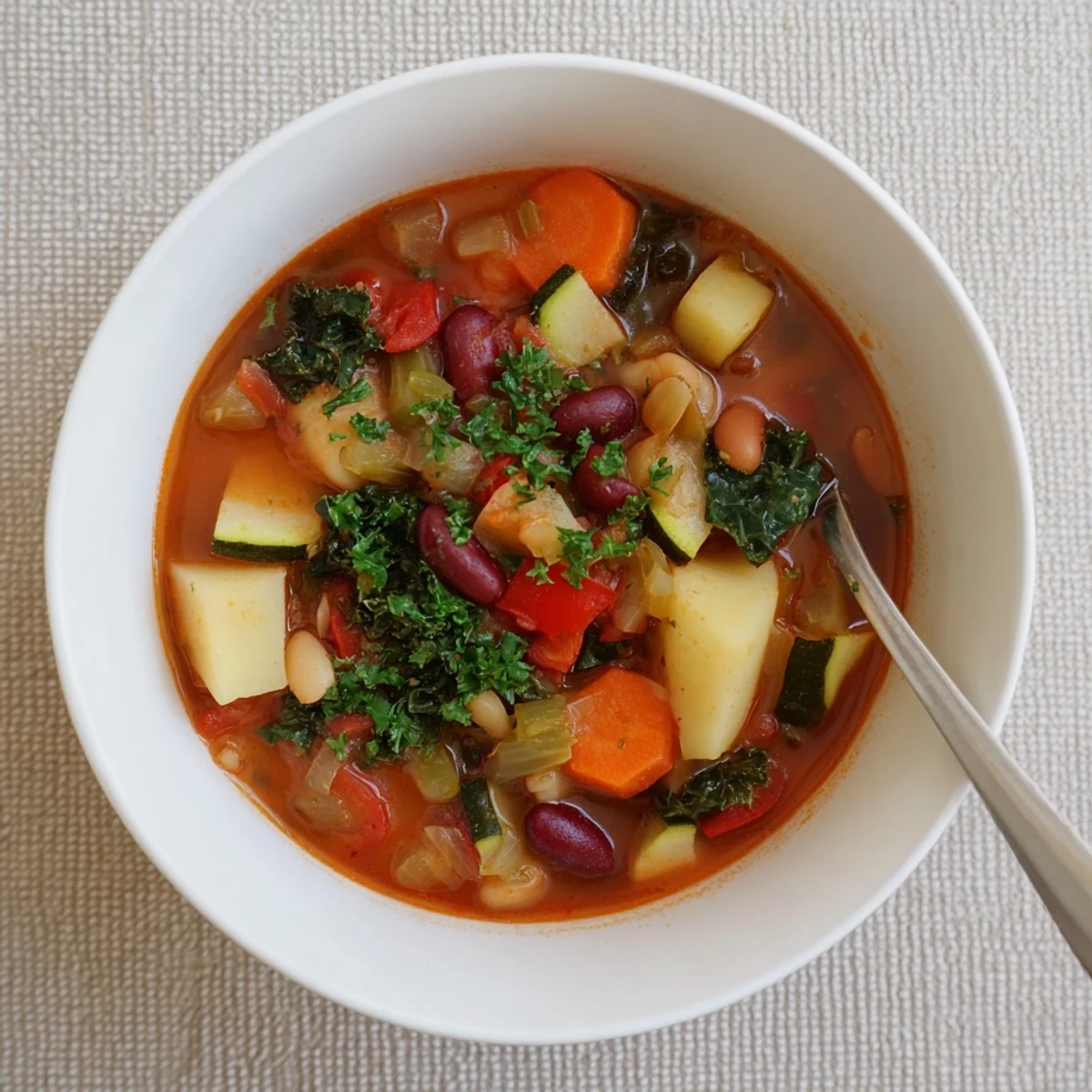 Steamy bowl of hearty vegetable and bean soup featuring colorful diced vegetables and tender white beans in rich broth