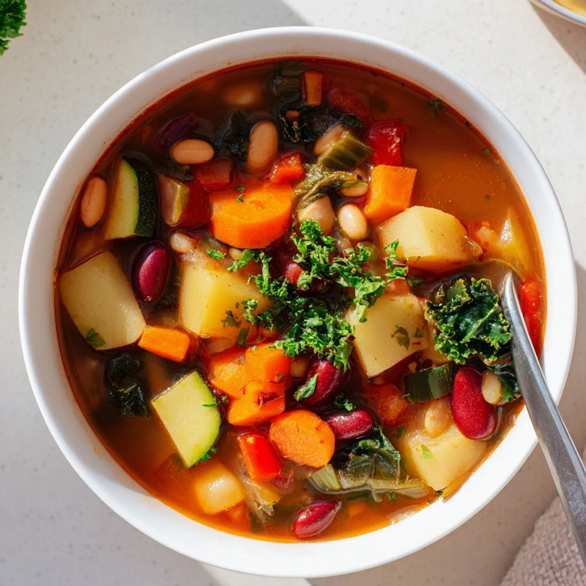 Comforting hearty vegetable and bean soup plated with crusty bread garnished with fresh parsley perfect for cold weather dinners