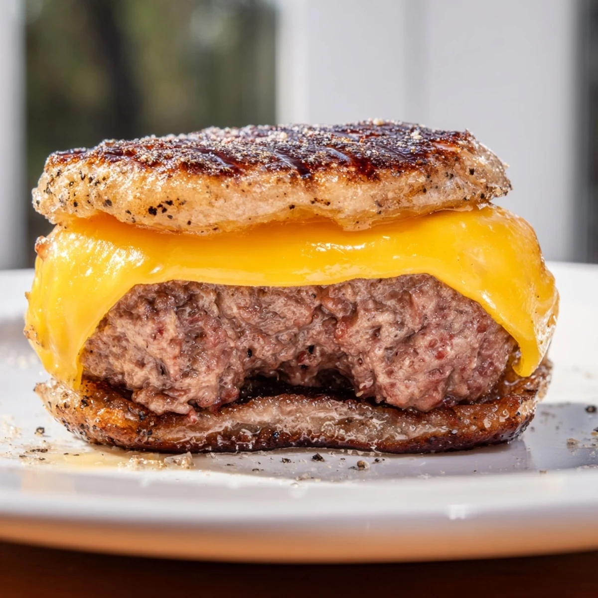 Golden brown air fryer hamburger patties steaming hot on a white plate with fresh lettuce