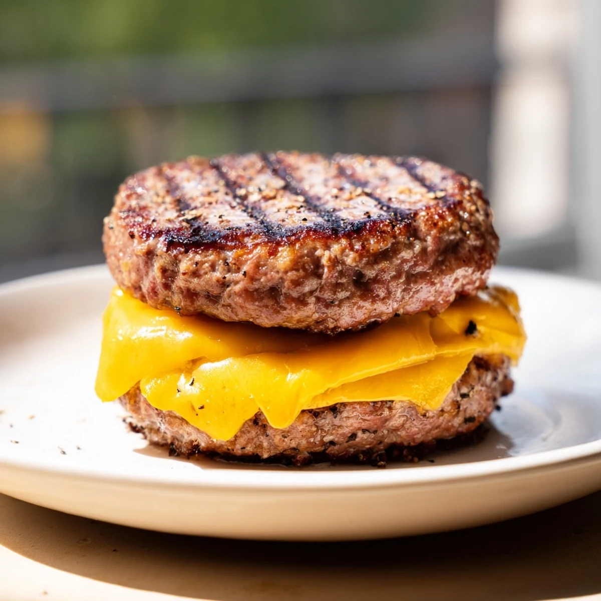 Juicy beef hamburger patties sizzling in air fryer basket, perfectly cooked with melted cheese topping
