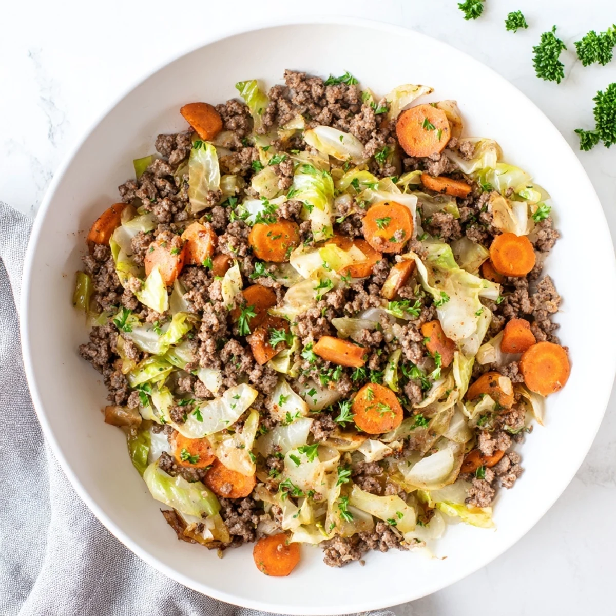 Hearty savory Irish ground beef and cabbage skillet steaming in a cast iron pan