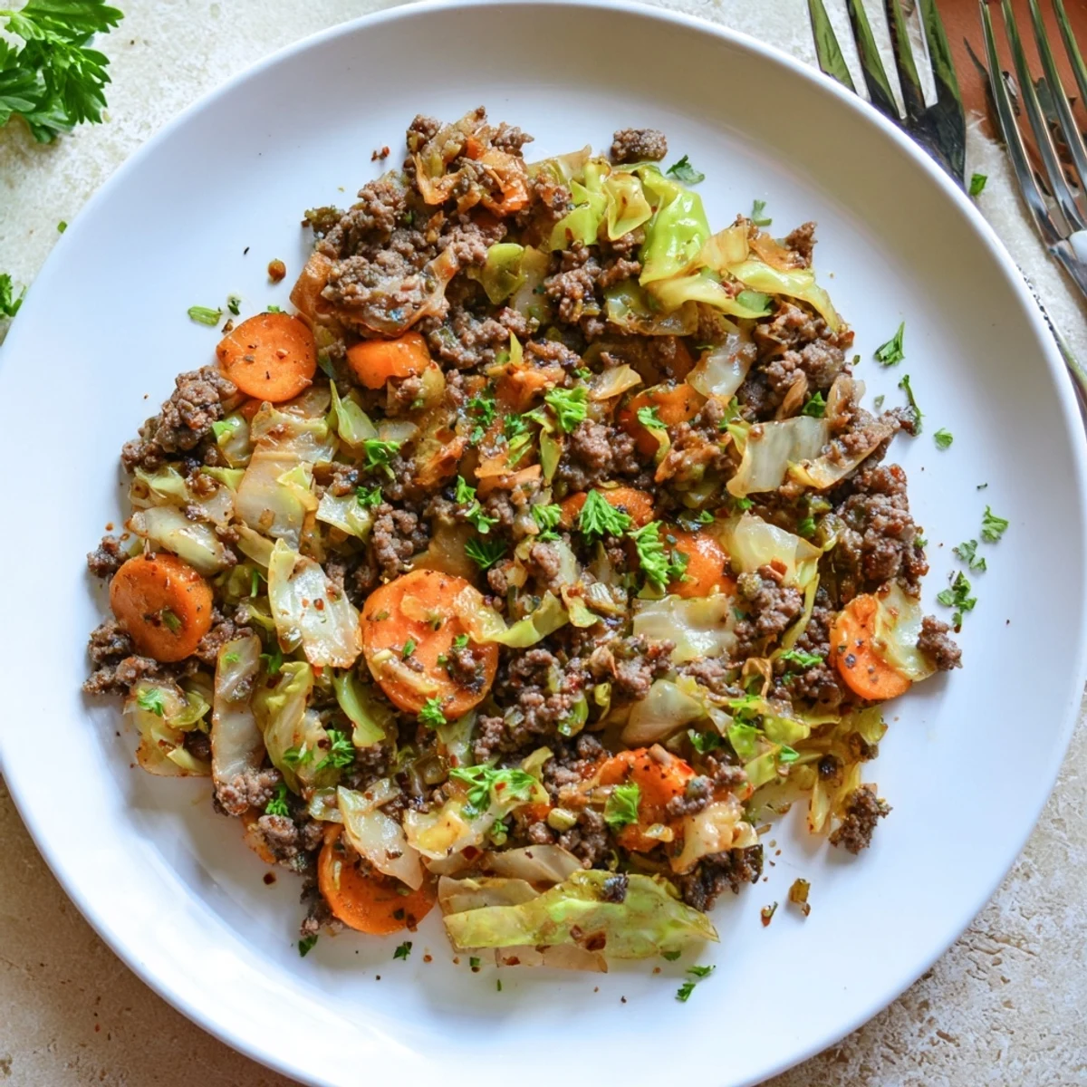 Golden browned ground beef mixed with tender green cabbage and colorful vegetables