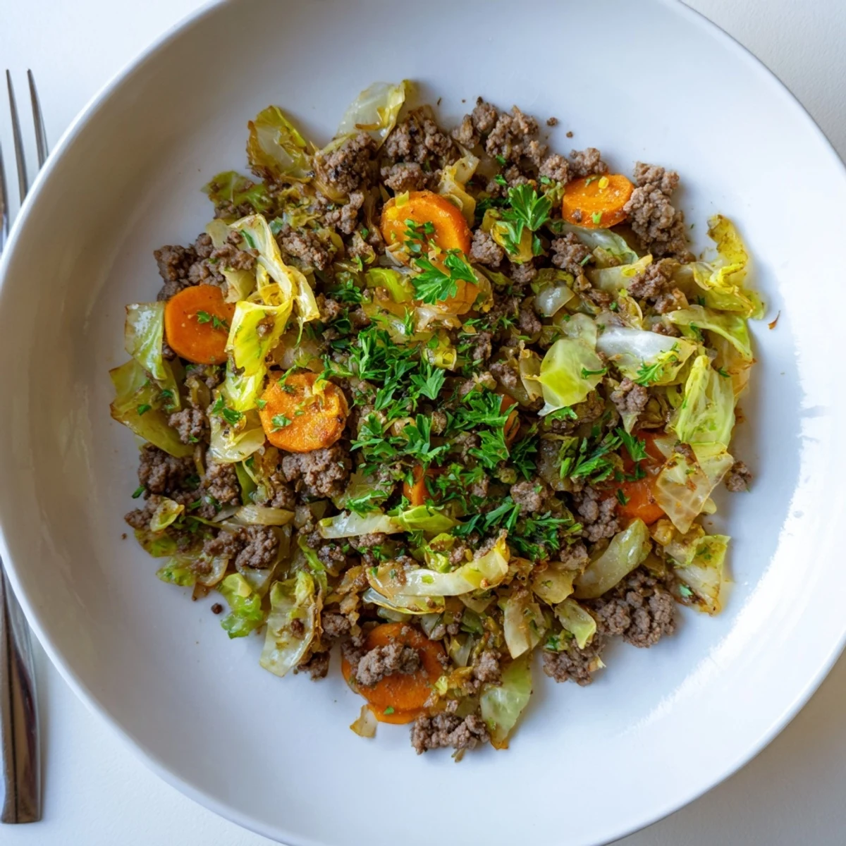Comforting one-pan Irish ground beef and cabbage ready for serving with fresh parsley