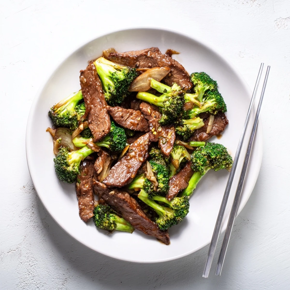 Golden slices of flank steak and bright green broccoli florets coated in savory glossy brown sauce