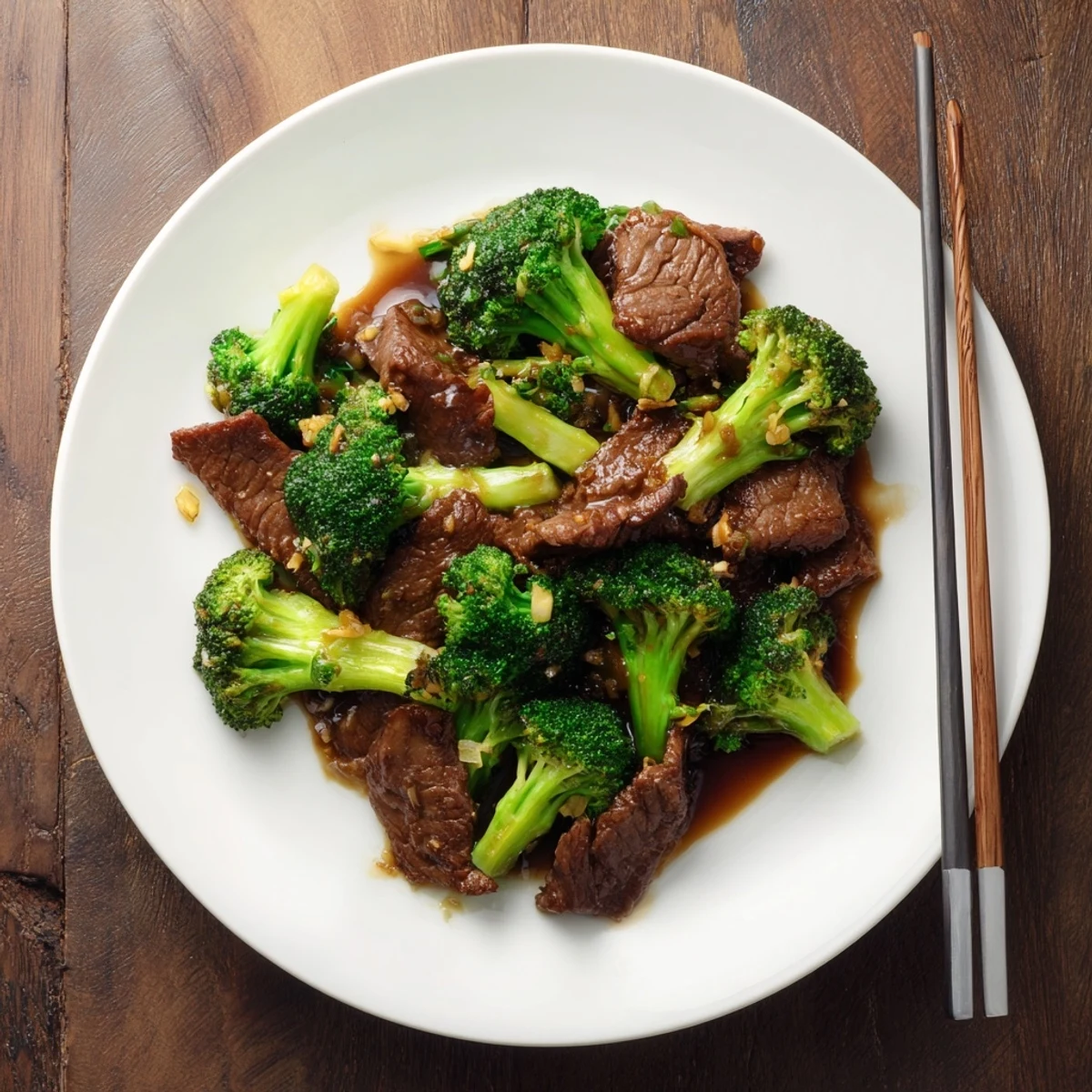Sizzling wok with marinated beef strips and fresh broccoli tossed in garlic soy glaze