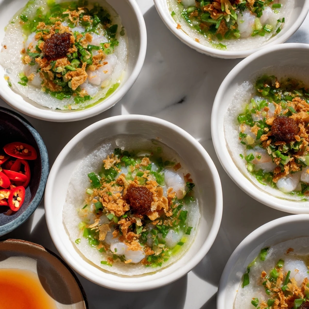 Golden Banh Beo steamed rice cakes topped with savory shrimp, crispy shallots, and bright scallion oil