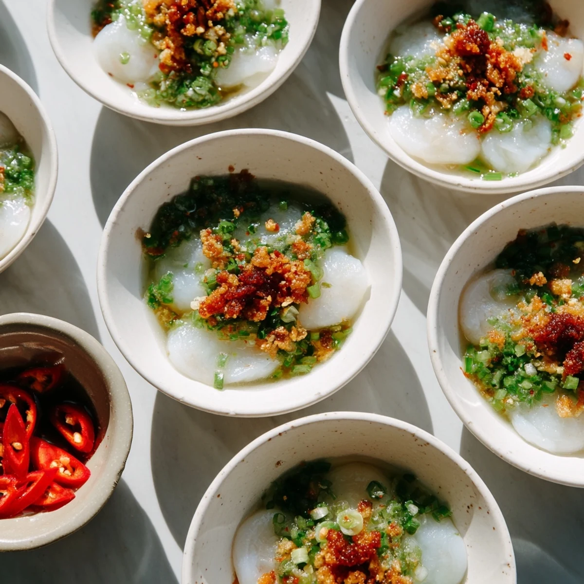 Small white Banh Beo rice cakes garnished with pink shrimp, fried shallots, and fresh green onions