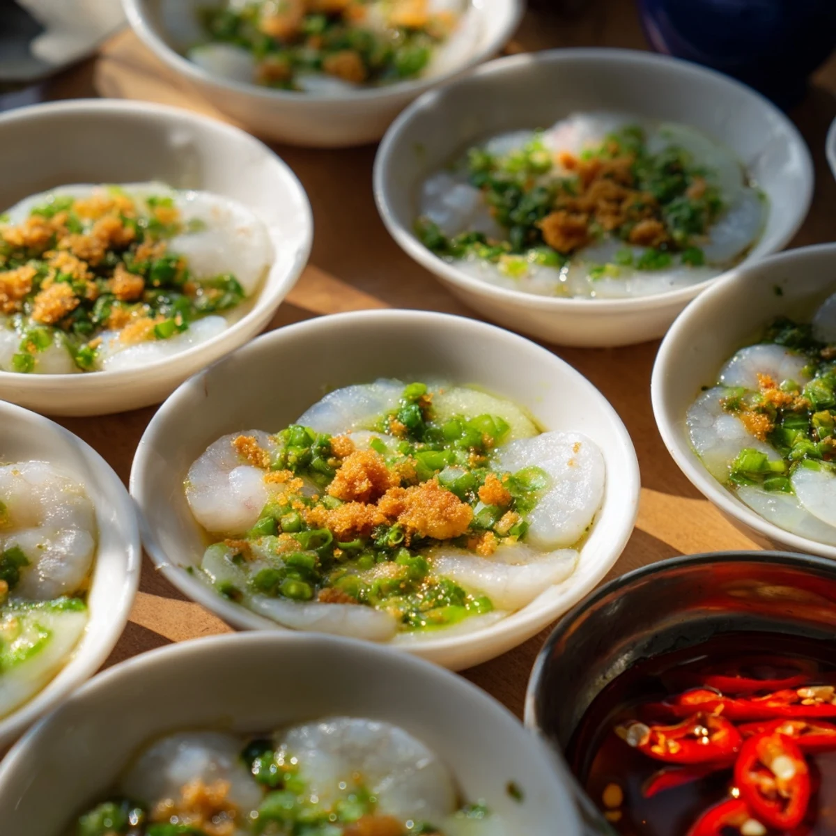 Vietnamese Banh Beo appetizer featuring delicate steamed cakes crowned with seasoned shrimp and aromatic scallion oil