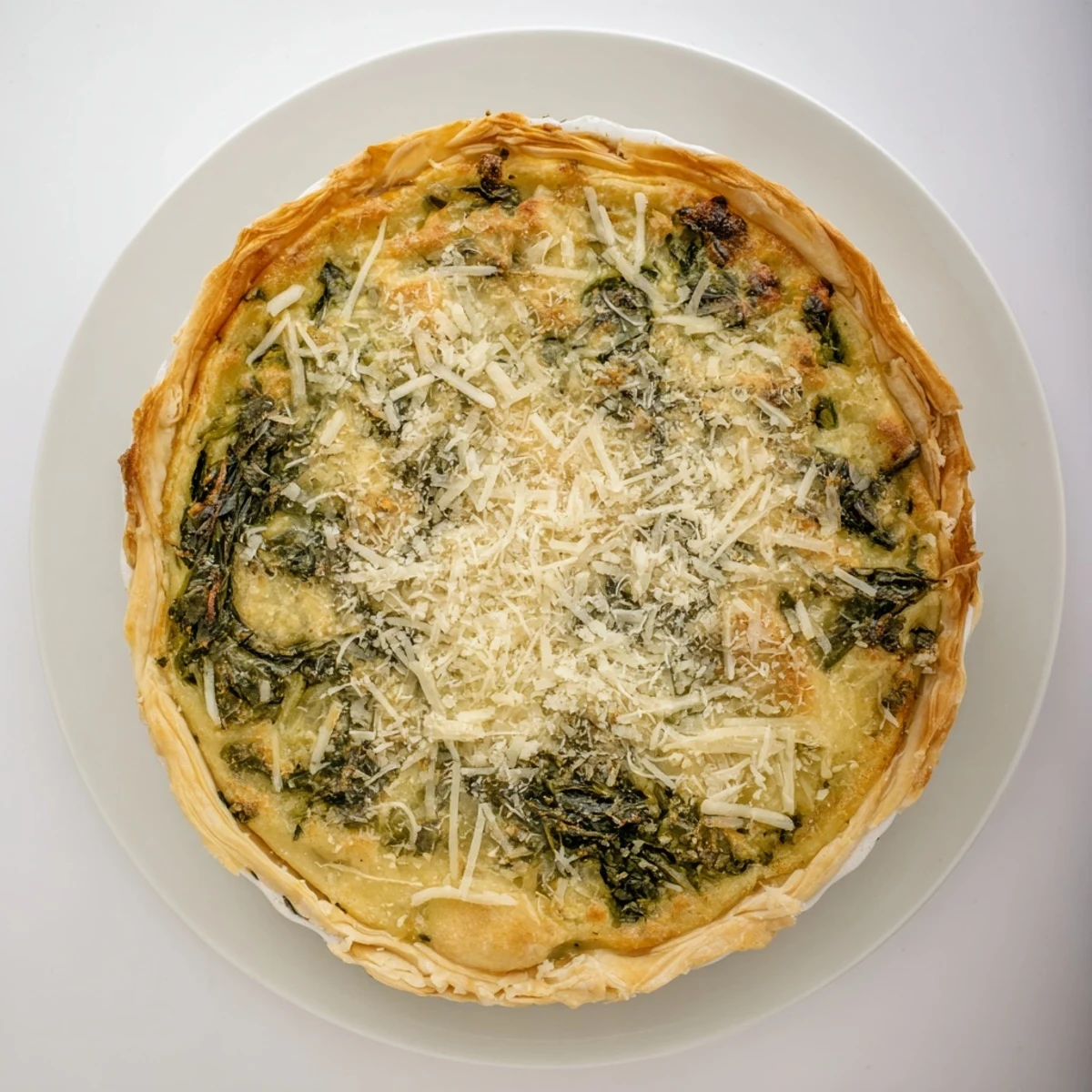 Golden egg pie with silverbeet and ricotta featuring a flaky buttery pastry crust