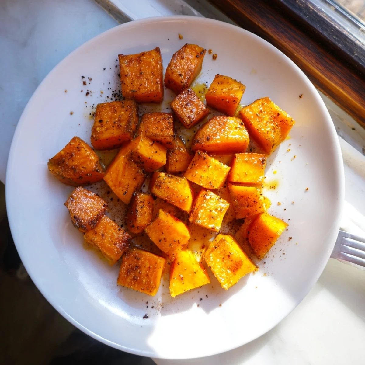 Golden brown honey cinnamon roasted sweet potato cubes arranged on a white baking sheet with caramelized edges