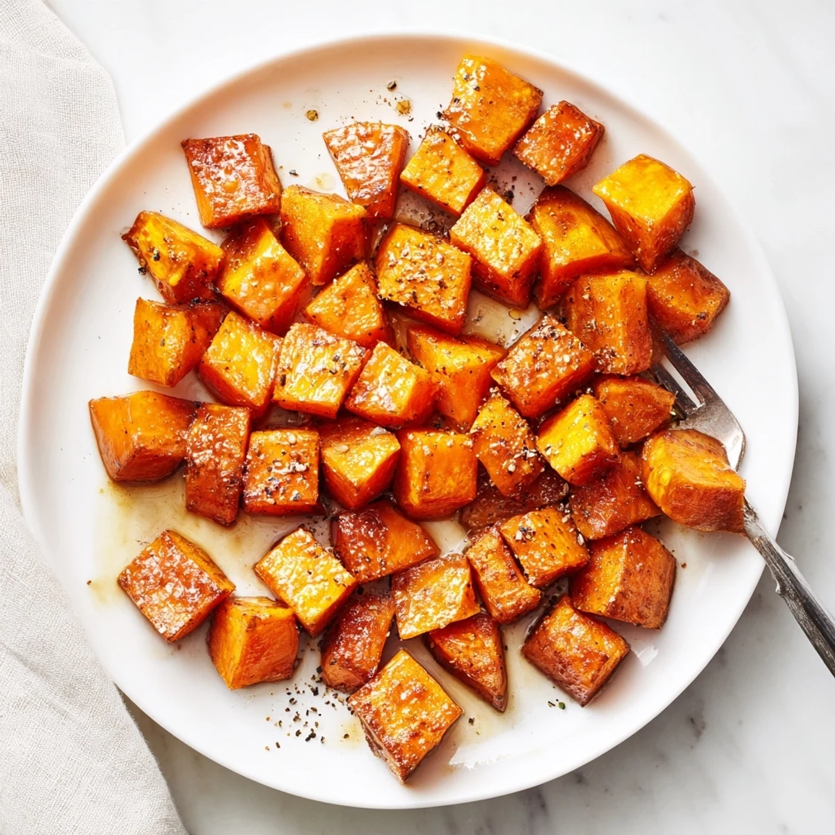 Oven roasted sweet potato pieces coated in honey cinnamon mixture showing crispy caramelized edges on a metal pan